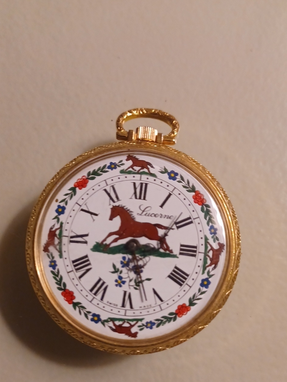 Lucerne Gold Pocket Watch Wall Clock with Brown Horse Motif